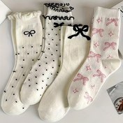Resim 4 Çift Kadın Orta Boy Çorap - %100 Polyester Ter Emici İnce, Sevimli Karikatür Kurdele ve Yıldız Desenli, Siyah & Beyaz Her Tarza Uygun İlkbahar Yaz Günlük Çoraplar 