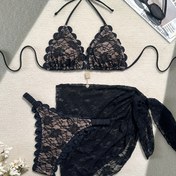Resim Kadınlar için Düz Renk Moda Seksi Tanga Bikini Üç Parça Set 