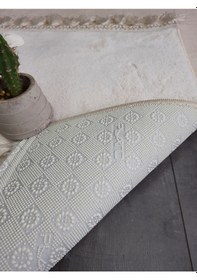 Resim Elite Krem Ponpon Saçaklı Peluş 2'li Banyo Paspası Halısı Kaymaz Krem 