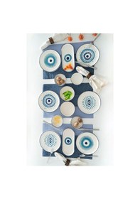 Resim Kevin Seramik Nazar Boncuklu Hand Made 14 Parça 6 Kişilik Lüks Kahvaltılık Sunum Tabağı Seti 