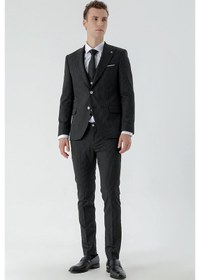 Resim Morven Erkek Siyah Poliviskon Trend Yelekli Çizgili Desen Slim Fit Sivri Yaka Takım Elbise Siyah 