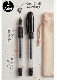 Resim Siyah Simli Jel Kalem 1.0mm 2 Adet Akıcı Yazım Pensan Simli Jel Kalem Tükenmez Simli Kalem Simli Pilot Kalem Canlı 