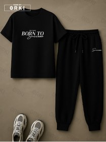 Resim EFFRENATU Başarı İçin Doğmuş Basklı Büyük Beden Siyah Batik Tişört & Siyah Pantolon Eşofman Takımı 