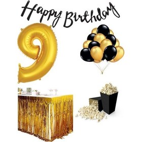 Resim 9 Yaş Gold-siyah Balon Rakam Folyo Banner Mısır Kutusu Masa Eteğ 