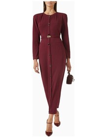 Resim Rowen Rose Belted Cardigan Dress, Lüks Örgü Kumaşlı Kuşaklı Şık Triko Elbise Abiye Bordo 40 
