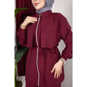 Resim Weak Blue Kadın Tesettür Takım Çift Kat Görünümlü Fermuarlı Tunik Bol Paça Pantolon Moda Kumaş Ikili Takım 