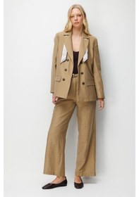 Resim Mixray 4809 Kadın Fular Detaylı Keten Blazer Ceket Camel 