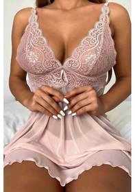 Resim Gizotti Şık Tül Dantel Gecelik Babydoll Takım Pembe L Pembe 