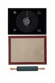 Resim Kitchen Design Lab 1. Sınıf Fırın Pişirme Altlığı Siyah Ölçülü Hamur Açma Matı 45x65 CM Bambu Saplı Silikon Merdane 