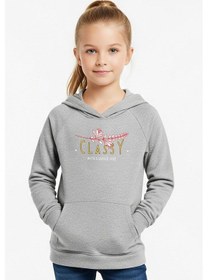 Resim Kanguru Cepli Kapüşonlu Kız Çocuk Sweatshirt Classy Yazı Baskılı Gri 