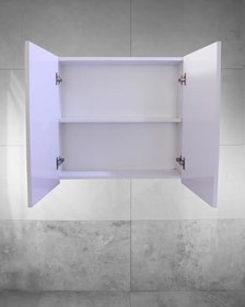 Resim Genel Hilton Banyo Dolabı, Modern Beyaz Ahşap Detaylı Çift Kapaklı Banyo Dolapları, Aynalı Üst Kabin, Depolama Çözümü 