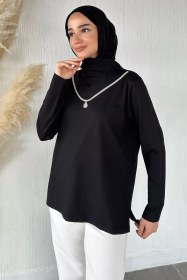 Resim V Yaka Taşlı Tesettür Anne Penye Bluz Siyah TZL-P-00021460 