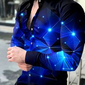 Resim Erkekler için Mavi Yıldızlı Gece Geometrik Uzun Kollu Gömlek - Günlük Polyester Karışımı, Göğüs Cebi ile Düğmeli, Makinede Yıkanabilir 