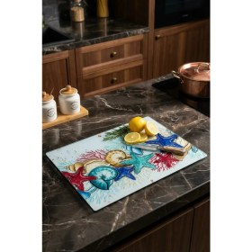 Resim Makri Home Deniz Kabukları Desenli Cam Kesme Tahtası 25×35 cm 
