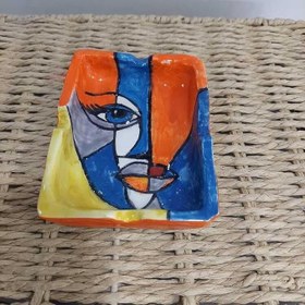 Resim El Yapımı Seramik Dekoratif Kül Tablası, Modern Sanatsal Tasarım, Turuncu Mavi Sarı Renkli, 11x8 cm 