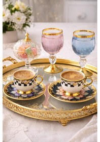 Resim Porselen Gold Ayaklı Renkli Tombul Dama Desenli 6 Lı Türk Kahve Fincan Takımı-balsa Fincan Takımı Sarı - Çok Renkli 