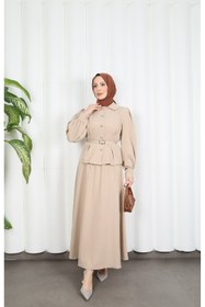 Resim HNT Hayrunnisa Tesettür Beli Pensli Kol Ucu Büzgü Detaylı Etekli İkili Takım Krem HNT85861 