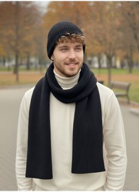 Resim derikem Erkek Yün Kışlık Selanik Örme Bere Atkı İkili Set Takım 