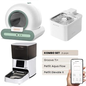 Resim Groove Ti+ Otomatik Kedi Tuvaleti Yeşil - Petfit Aqua Flow Akıllı Su Pınarı Çeşmesi - Petfit Elevate X Otomatik Mama Kabı 