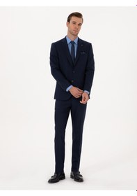 Resim Cacharel Lacivert Slim Fit Yün Karışımlı Mikro Desenli Takım Elbise 