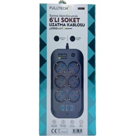 Resim Fulltech Termal Akım Korumalı, Çocuk Korumalı, 6'Lı 2 Mt Uzatma Kablosu 6 X Priz, 3 X Usb 