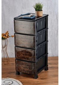 Resim 4 Katlı Çekmeceli Baskılı Ahşap Desenli Kapaklı Plastik Komidin - Sebzelik - Çekmece Siyah 