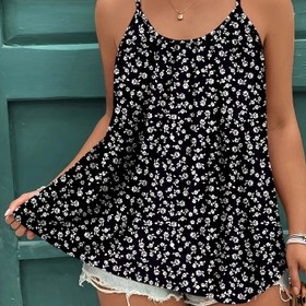 Resim Plus Beden, Plus Beden Kadınlar İçin Şık Küçük Çiçek Desenli Spagetti Askılı Tank Top - Nefes Alabilen Yazlık Kolsuz Bluz, Makinede Yıkanabilir Bol Kesim Günlük ve Plaj Giyimi, Esnemeyen Kumaş, Sıcak Hava Modası, Yumuşak Malzeme, Kıvrım Figürler İçin 