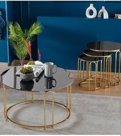 Resim 4 Lü Lenka Zigon Orta Sehpa Takımı Yuvarlak Gold Metal 3+1 - Siyah Aynalı Temperli Cam Zigon-orta Siyah 