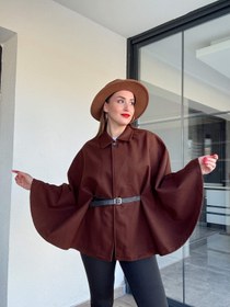 Resim Yakalı kemerli panço kahve - STD 