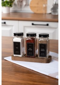 Resim Mienda Home 3'lü Ahşap Standlı Cam Baharatlık Seti Siyah Kapaklı Etiketli Baharatlık Mh01syh03 Siyah - Şeffaf 
