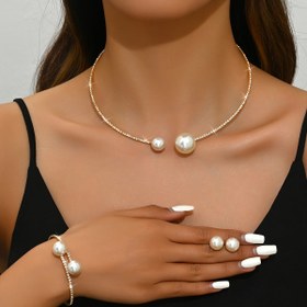 Resim Şık Ayarlanabilir Taklit İnci Kolye, Küpe ve Bileklik Seti - Düğün Partisi Aksesuarları 