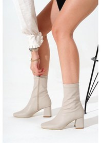 Resim Tpu Taban Küt Burunlu Fermuarlı Kadın Bej Topuklu Bot Tbfzlcmc080 Bej 