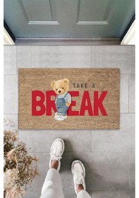 Resim Bej Kapı Önü Paspası Take A Break Ayıcık Desen K-3354 
