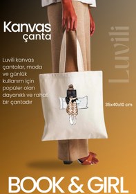 Resim Luvili Çanta, Renkli Baskı Körüklü Kanvas Bez Çanta | Kitap Okuyan Kız Çanta 