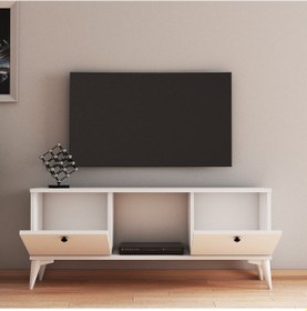 Resim 120 Cm Beyaz Tv Sehpası Siyah Düğme Kulplu 