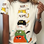 Resim Kadınlar için İlkbahar Yaz Sevimli Kedi Baskılı Kısa Kollu Tişört - Yumuşak Polyester-Spandex Karışımı, Nefes Alabilen Yuvarlak Yaka Günlük Üst, Makinede Yıkanabilir Normal Kalıp Tee, Eğlenceli Tasarım, Orta Esneklikte Kumaş 