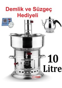 Resim 10 Litre Paslanmaz Krom Odunlu Kömürlü Çay Semaveri Odunlu Kömürlü Semaver Demlik Hediyeli Semaver 