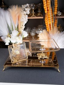 Resim Argkristal Gold Detaylı Metal Ayaklı Madlen 2 Boy Kare Servis Sunum Tabağı 2 Parça Altın 