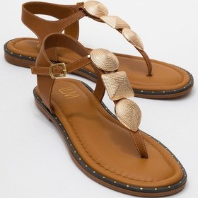 Resim Luvishoes Luvi Shoes Helen Taba Hakiki Deri Parmak Arası Gold Tokalı Kadın Sandalet Taba 