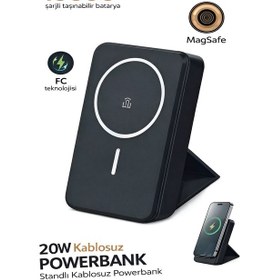 Resim 10000mah 20w Wireless Magsafe Kablosuz Powerbank Lüx Deri Standlı Taşınabilir Hızlı Şarj siyah 