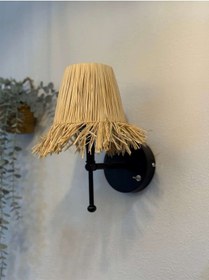 Resim Rafya Saçaklı Bohem Hasır Kablosuz Pilli Duvar Aydınlatması Aplik - Alt Siyah Siyah 