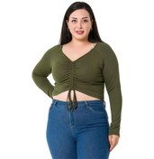 Resim Büyük Beden Önden Tünel Büzgülü Uzun Kollu Viskon Haki Bluz-haki Haki 