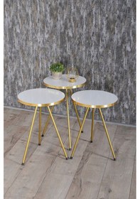 Resim Zigon Sehpa Ve Orta Sehpa Elips Gold Metal Ayak Gold Beyaz Set Diğer 