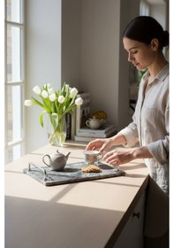 Resim Akayev Mermer Antrasit Aura Gümüş 30x20 Cm Tepsi Antrasit 