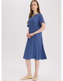 Resim DeFacto Regular Fit Apaş Yaka Basic Düz Bürümcük Kısa Kollu Midi Yazlık Elbise D3834AX25SMIN69 