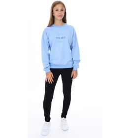 Resim Toontoy Kids Toontoy Kız Çocuk 2'li Takım Baskılı Bisiklet Yaka Düşük Omuz Sweatshirt & Basic Düz Tayt Mavi 
