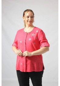 Resim Moda Berray 3294 Kırmızı Yıldız Baskılı Keten Kumaş Mevsimlik Gömlek Pembe 