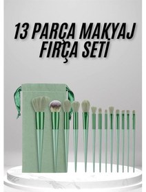 Resim Makyaj Fırça Seti Yeşil 13 Parça Fondöten Fırçası Allık Fırçası F 