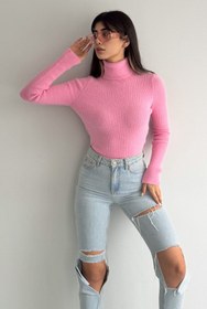 Resim FEMELLE Kadın Pembe Standart Beden Peluş Triko Boğazlı Kazak 