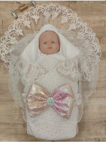 Resim Pembe Kız Bebek Battaniyesi Kundağı Dantelli Duvaklı Mevlütlük Hastane Çıkışı Hediyelik Mevsimlik Pembe 